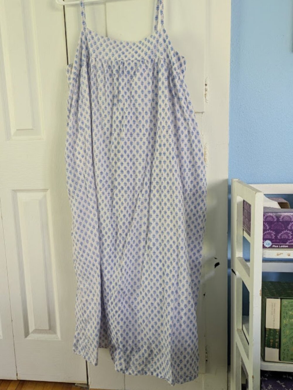 MUJI Women Sz XL Dress White Blue Block Print Midi Adjustable Lined Pockets